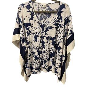 Coldwater Creek Blue & White Floral Linen Poncho Top L